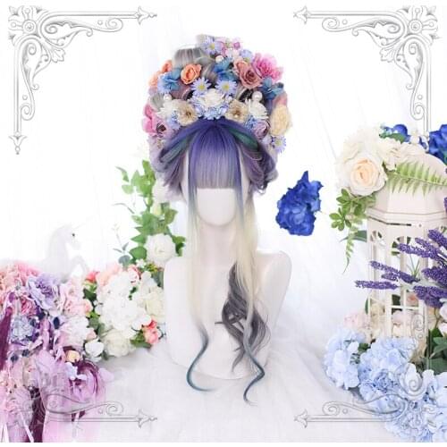 Female Dreamy Colourful Purple White Gradual Change Long Wavy Curly Bangs Wig Women Wigs Lolita Cosplay Party