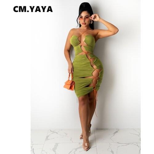 CM.YAYA Women Mini Dress Solid Spaghetti Strap Bandage Hollow Out Sleeveless Sheath Elastic Dresses Sexy Night Club Party Dress