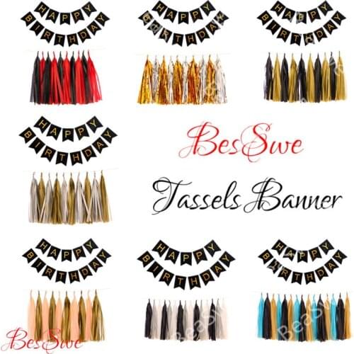 1 set Black Gold Theme Decor Paper Tassels Adult Happy Birthday Banner Baby Shower Perfect Photobooth Party Event Supplies