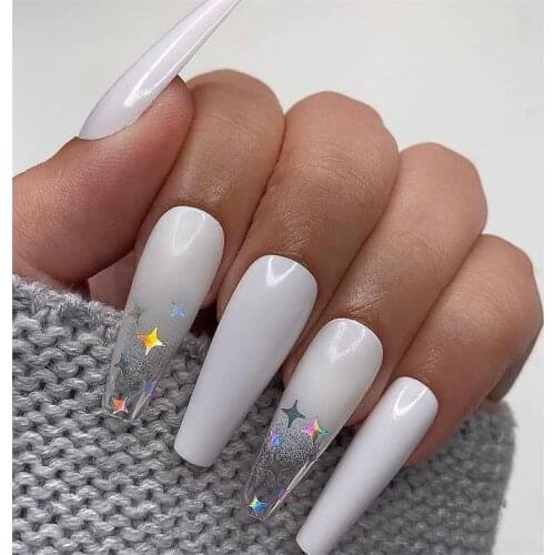 24pcs/set Long Coffin Fake Nails Laser White Star Decal Full Cover Ballerina Nail Art Tips with Glue Artificial Fingernail Tools
