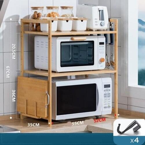 New 2/3 Tier Bamboo Microwave Oven Shelf Rack Kitchen Shelf Spice Organizer Storage Rack Bathroom Organizer Shelf with 4 Hooks