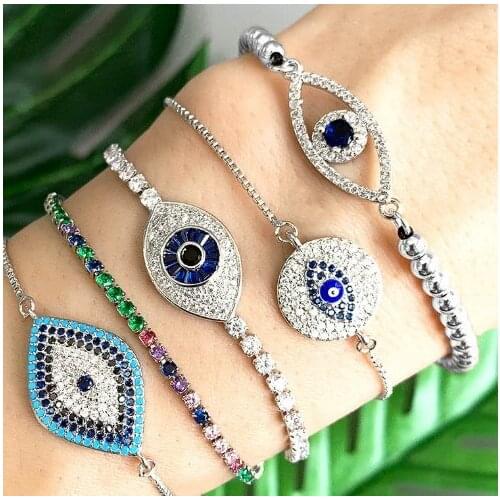 Turkey Evil Eye multicolor crystal micro pave cz zircon cubic zirconia Bracelet Adjustable silicone Snake Chain Jewelry xse42