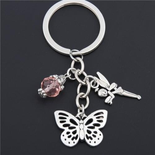 1pc Butterfly Keychain With Pink Bead Bag Charm Accessories Metal Key Chain Flower Fairy Pendants Car Key Ring Gift E1668