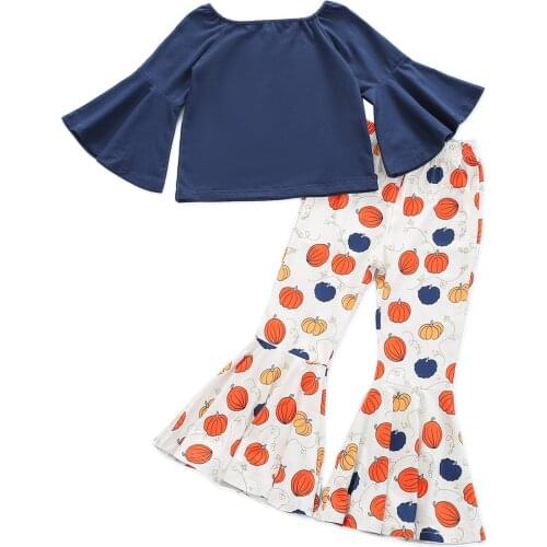 Kids Suit Set, Solid Color O-Neck Long Flared Sleeve Tops+ Pumpkin Flared Trousers for Toddler Girls, 1-6 Years