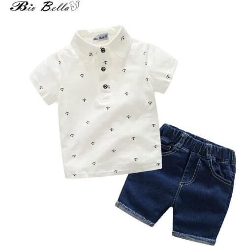 Fashion Boys Clothing Sets Summer Gentleman Suits Short Sleeve T-shirt +Navyblue Shorts 2pcs Kids Clothes Children Clothing set