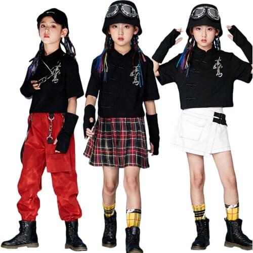 Girls Hip-hop Dance Costume Black Top / White Shorts / Plaid Skirt / Red Pants Clothing Streetwear Jazz Dance Sets