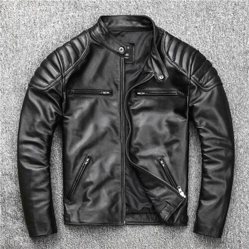 Mens Genuine Jacket Biker Cool Casual Ribbed Cowhide Real Leather Black Coats Stand Collar Zipper Slim Fit For Men