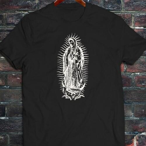 Men 2019 Casual Print T-Shirt Harajuku Short Sleeve Men Top Virgin Mary Virgen De Guadalupe Jesus Catholic Mens Black T-Shirt
