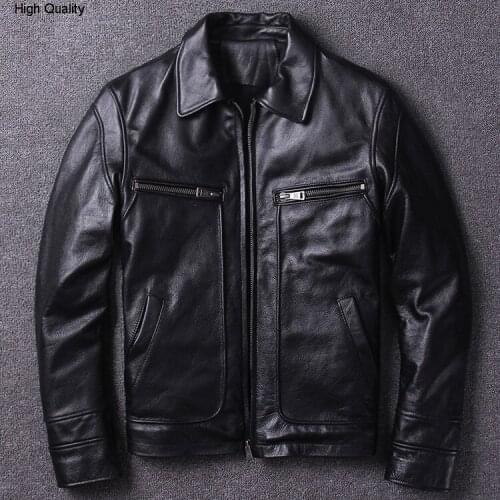 Amekaji Retro Vintage mens Cowhide Genuine Leather jacket locomotive clothing lapel Slim fit short classic autumn winter coat