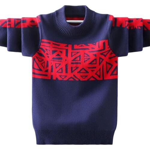 Boys pullover pure cotton geometric sweater new spring/autumn/winter big kids plus velvet warm bottoming shirt