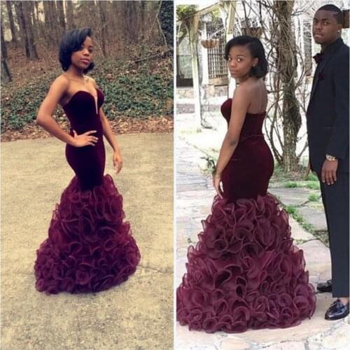 Luxurious African Burgundy Velour Mermaid Evening Dresses Long Sexy Sweetheart Slit Bust Formal Dresses Robe De Soiree Custom