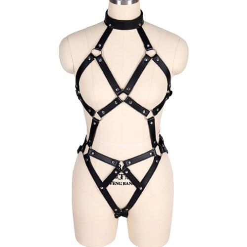Sexy Choker Full Body Harness Bondage Erotic Lingerie Women Punk Leather Harness Bra Goth Chest Suspenders Garter Belt Clothing