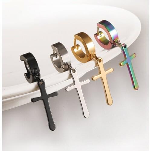 1 Pc Unisex Women Men Cross Earrings 4 Colors Earrings in Stainless Steel With Cross-Shaped Girl Street Nightclub Pendant Black