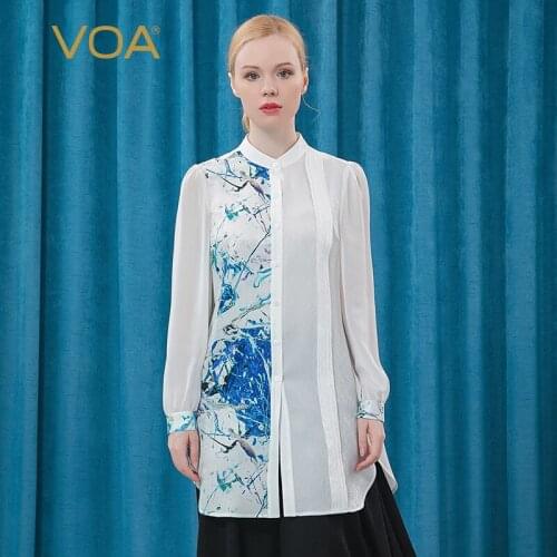 VOA Silk 22m/m White Standing Collar Lantern Long Sleeve Contrast Stitching Asymmetric Three-dimensional Decorative Shirt BE299