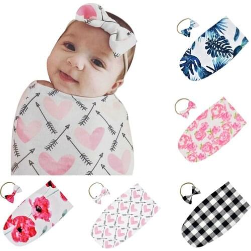2Pcs/Set Soft Floral Baby Swaddle Sleeping Bag Blanket Wrap Headband Outfit