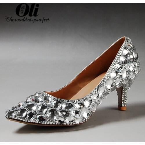 Gem rhinestone pointed toe single shoes female low-heeled wedding shoes plus size formal dress bridal shoes Latin dance shoes