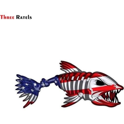 Three Ratels FC70 Digital Skeleton Fish Car Sticker USA Bone Fish Sticker Patriotic American Flag Fishing Decal Vinyl Die Cut