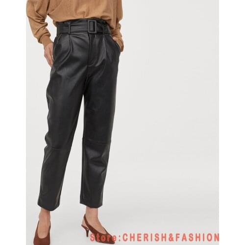 Spring Autumn Casual Leather Pants Lady Hot Slim PU Leather Stylish Pockets Fashion Winter Women Trousers For Woman With Belt