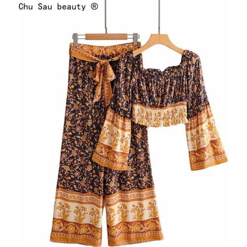 New Fashion Boho Vacation Summer Print Women One-Word Collar Flared Sleeve Short Blouses Crop Top + High-Waist Wide-Leg Pants