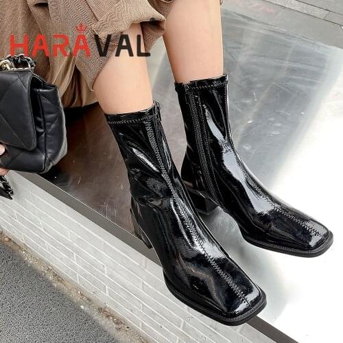 HARAVAL Women Ankle Boots Shoes Patent Leather High Heels Black White Stretch Fabric Square Toe Elegant Shoes Footwear E410L