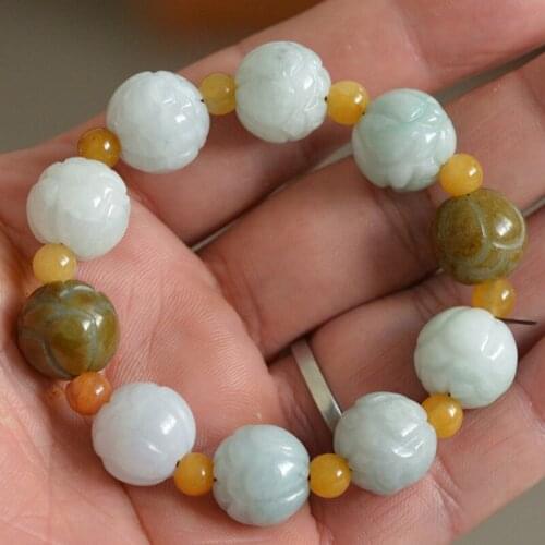 Womens Bracelets Natural Burmese Lelve A Jadeite Carved Louts Flower Round Beads Bangles for Females Fine Jade Jewelry
