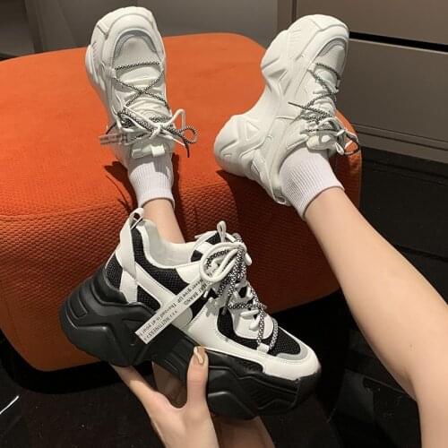 2021 Summer Fashion Womens Wild Trend Color Matching Lace-up Outdoor Hiking Breathable Mesh Thick-soled Sports Vulcanized Shoes