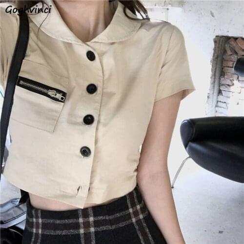 Shirts Women Single-breasted Cropped Tops Casual Fashion Design Cute Top Summer Short Sleeve Mujer Harajuku All-match Students