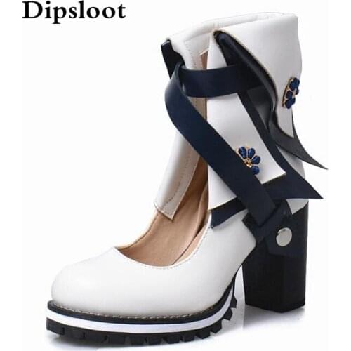 Dipsloot New Fashion Women Blue Yellow Red White Patchwork Round Toe Cuts Out Flower Decoration Rough Heels Mid-calf Short Boots