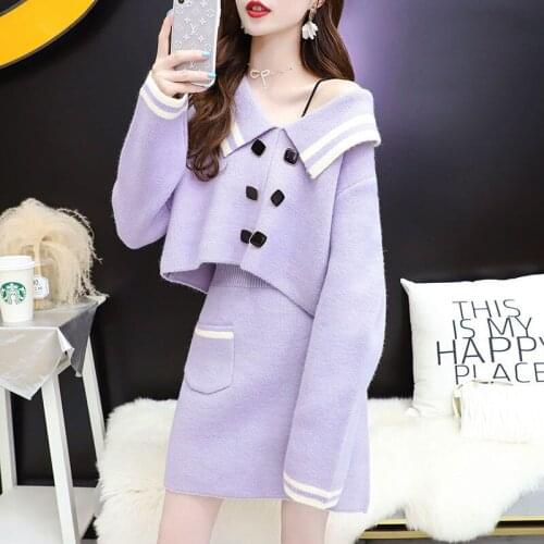 Women 2020 Autumn Winter Elegant Knit 2 Piece Set Female Double-breasted Button Knitted Sweater Slim Mini Skirt Sets Suits L766