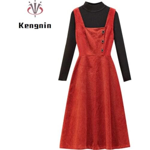 Loose Oversized Women Sets 2021 Autumn Winter Knitted Sweater Tops + Corduroy Sleeveless Dresses Ladies Two Piece Sets KE1741