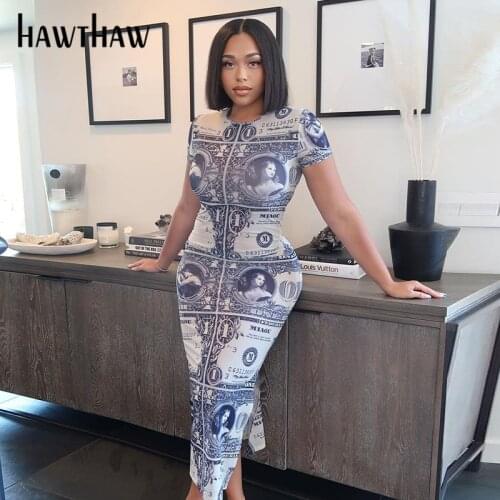 Hawthaw Women Fashion Summer Short Sleeve Printed Bodycon Pencil Split Long Dress 2021 Female Clothing Streetwear