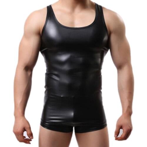 2020 summer Men Sexy Solid Color Sleeveless Low-cut Faux Leather Slim Vest Gym Tank Top мужские жилеты