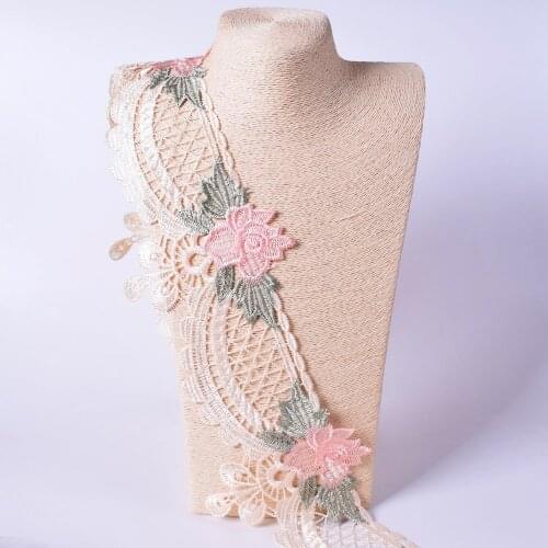 1 Yards Embroidery Pink Flower Lace Ribbon Trims for Sofa Curtain Trimmings Dress Costumes Applique