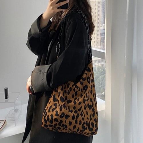 2021 Leopard print environmental protection art Casual Tote Reusable Corduroy Shoulder Bag Cloth Storage Handbag