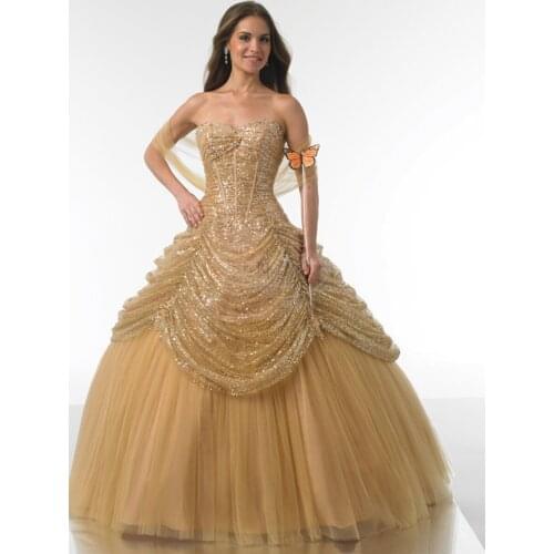Gold Quinceanera Online Ball prom Gown Tulle Sweetheart Ruffle Scoop Neck Floor Length Vestido mother of the bride dresses