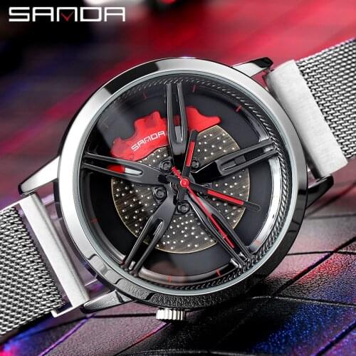 SANDA Unique Men Watch Wheel Series Dial Mesh Steel Strap Hook Buckle Quartz Waterproof Cool Male Airplane Wristwatches