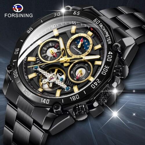 Forsining Brand Black Male Mechanical Watches Automatic Multifunction Tourbillon Moon Phase Date Racing Sport Steel Band Relogio