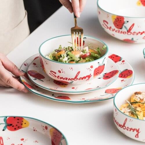 EECAMAIL Hand-painted Cute Strawberry Baking Bakeware Baking Bowl Sushi Plate Underglaze Tableware Salad Plate Handle Bowl