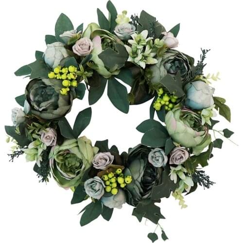 Artificial Peony Wreath Green Flower Door Wreath with Green Leaves Wreath for Front Door Wedding Wall Home Decoration