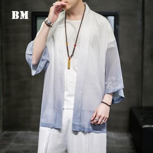 Chinese Traditional Dress Summer China Oversized Cardigan Plus SizeThin Gradient Tops Hanfu Men Clothing Harajuku Ice Silk Shirt