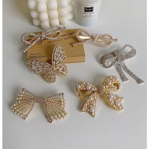 Korean Shiny Alloy Pearl Rhinestone Hair Clips Crystal Bow Tassel Multi Design Hairpin Women Girls Hair Accessories 2021 Trendy