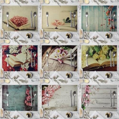 Retro Wood Grain Book Table Mat Flower Pattern Placemats For Children Kids Kitchen Dining Cotton Linen Place Mats Pads