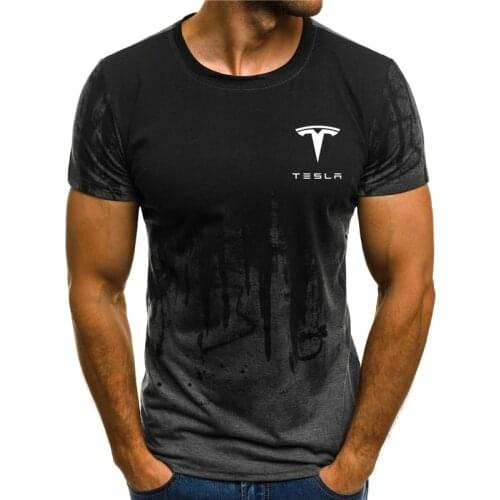 Tesla Summer Mens Short-Sleeved Milk Silk T-Shirt Hip-Hop Style Fashion Letter Printing Casual 3D Gradient Splash Ink Shirt Men