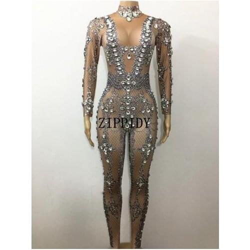 Fashion Sparkly Big Crystals Jumpsuit women Glasses Stones Bodysuit Performance Party Celebrate luxurious Shining Costume