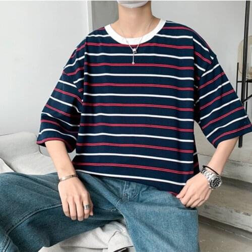 Mens Striped Casual T-shirt Korean Fashion Loose Streetwear Hip Hop Long Sleeve T-shirt Harajuku Retro Oversized Mens Top