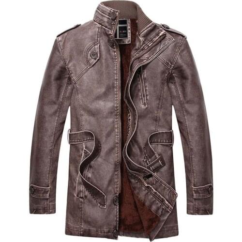Mcikkny Men Faux Leather Long Jackets Coats Stand Collar Fleece Lined Jackets Outwear For Male Parka Size L-4XL Thermal