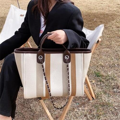New Women Tote Bag Fashion Linen Large Striped Handbag Chains Shoulder Bags Ladies Big Messenger Bag Shopping Bag