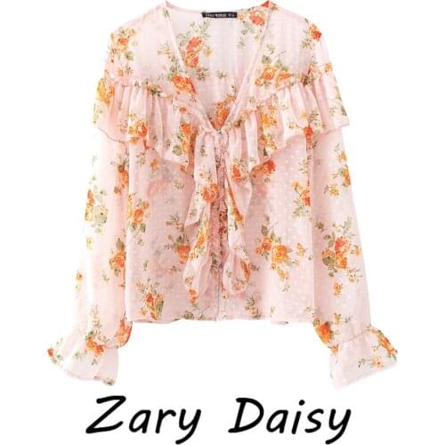 Zary Daisys new European and American deep V-neck ruffled polka-dot flocked flower printed lantern sleeve shirt
