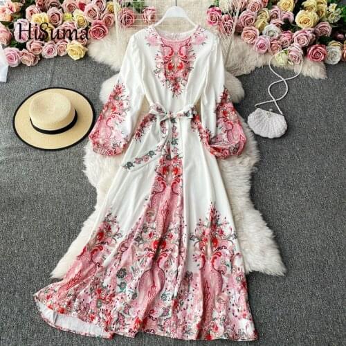 HISUMA 2021 spring autumn new women o-neck print lantern sleeve chiffon fairy dress female lace-up waist elegant A-line dresses