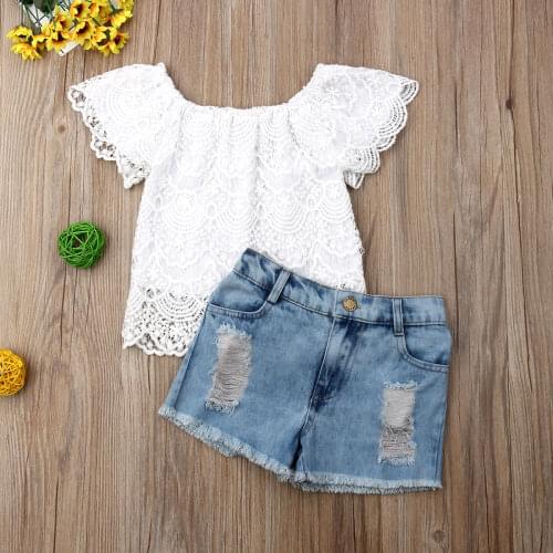 Toddler Kids Baby Girl Clothes Summer Lace Floral Top Denim Short Pants Outfit Set 2PCS Sunsuit